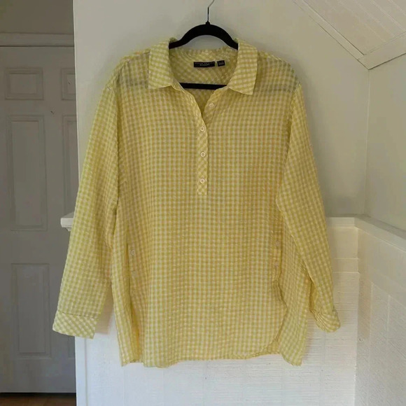 Susan Graver Weekend Yellow and White Gingham Blouse with Button Detail, Large - Picture 1 of 8